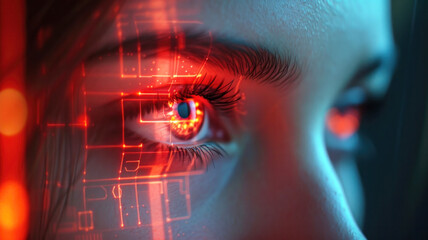 Biometric iris recognition system scanning the retina of a female eye. Technological future for...