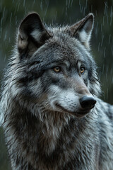 Dark grey wolf in its natural habitat with a close-up portrait shoot. Generative AI