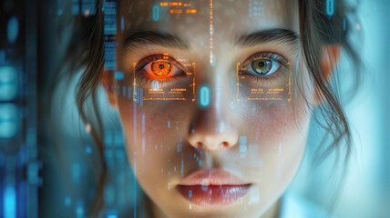 Biometric method to authenticate identity through a woman's iris. Identification of a person through technology. Generative AI