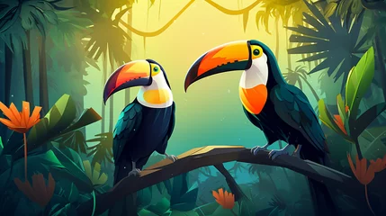 Zelfklevend Fotobehang Two toucan tropical birds sitting on a tree branch. © John