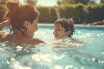 Child playing in a pool with their mother Concept of family fun and summertime activities - obrazy, fototapety, plakaty
