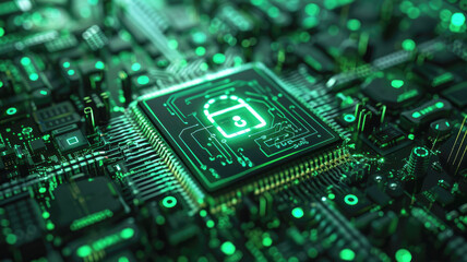 Fototapeta premium Electronic circuit boards with chip security system, pixel visual effect and green neon light. Ai generated