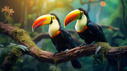 Two toucan tropical birds sitting on a tree branch.