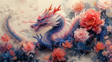 a painting of a blue and red dragon surrounded by pink and red flowers and peonies on a white background.