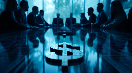 Sala de reuniones en una gran despacho de grandes cristaleras con una mesa rodeada de ejecutivos y el símbolo $ en la mesa como referencia al poder económico