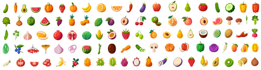 Set of fruits and vegetables. Vegetables and fruits. All kinds for cooking meals, planting in garden set icon
