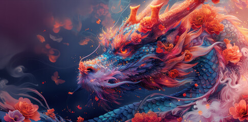 a painting of a dragon with red flowers on it's head and a blue body of water in the background.