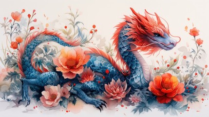 a watercolor painting of a blue dragon surrounded by red and orange flowers on a white background with red and orange flowers.