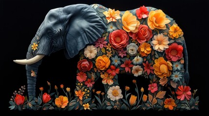 a painting of an elephant with flowers on it's trunk and tusks on it's back.