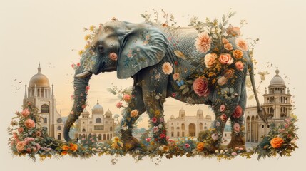 a painting of an elephant with flowers on it's body and in front of a city with tall buildings.