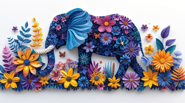 a picture of an elephant made out of paper flowers and leaves with a butterfly on the back of the elephant.