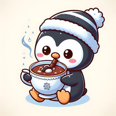 Cute cartoon penguin drinking a hot chocolate