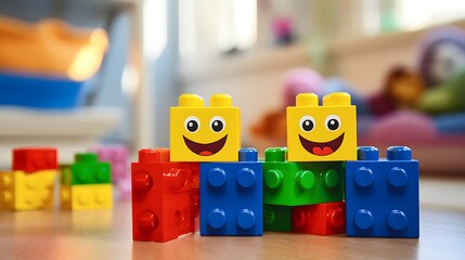 Naklejka premium Children hands play with colorful Lego blocks on white table.