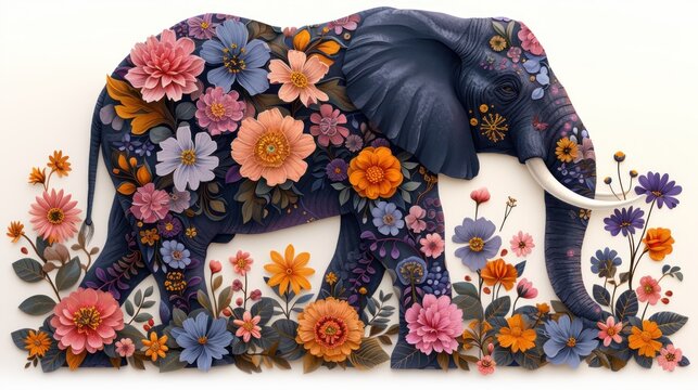 an elephant made out of paper with flowers on it's trunk and tusks sticking out of it's trunk.