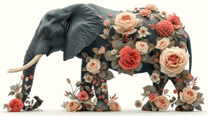 a statue of an elephant with flowers on it's trunk and tusks on its back, in front of a white background.