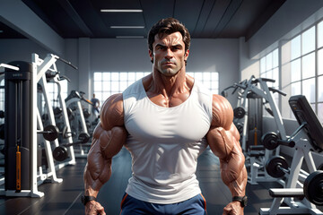 Fototapeta na wymiar Handsome muscular bodybuilder man in a white t-shirt, great for health and wellness blogs, inspiring readers to pursue fitness and well-being.