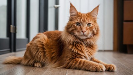 Red maine coon cat in the living room