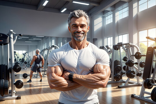 Middle - aged smiling bodybuilder in a t-shirt, a striking image for promoting fitness training programs and emphasizing the importance of an active lifestyle.