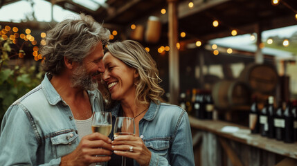 couple sharing a warm embrace at a rustic vineyard.