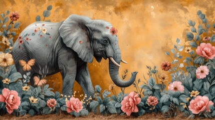 a painting of an elephant standing in a field of flowers with a butterfly on it's back and a butterfly on its trunk.