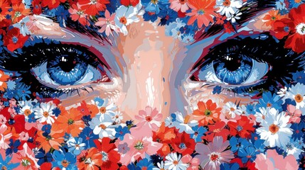a painting of a woman's face with blue eyes surrounded by red, white, and blue daisies.