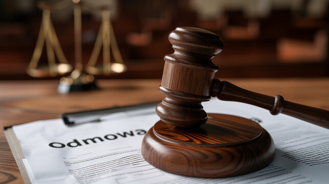 A close-up image that captures a gavel next to divorce papers marked "Odmowa," with the blurred backdrop of a courtroom scene.