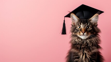 Adorable graduation cat in a funny black hat on pastel background with copy space