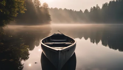 Gordijnen Bow of a canoe in the morning on a misty lake © Adi