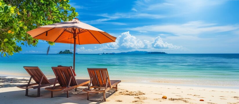 Gorgeous chairs with umbrella on sandy tropical beach.