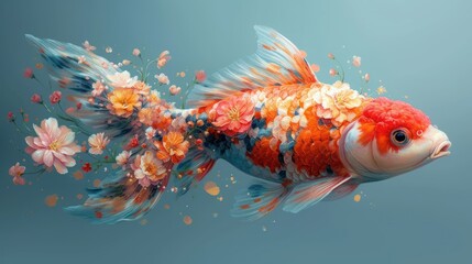 a painting of a goldfish with flowers on it's back and a blue background with white and orange flowers on it's back.