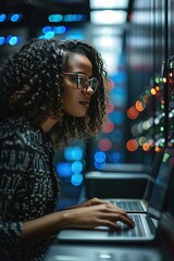 Young black woman using a laptop in a dark server room. Dedicated IT professional ensuring seamless functioning of the server room.
