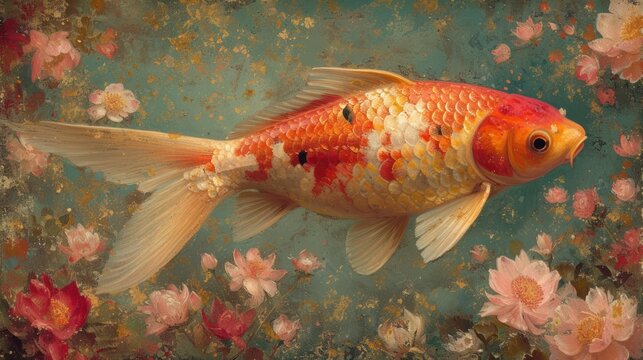 a painting of a goldfish in a pond of water surrounded by pink and white flowers on a blue background.