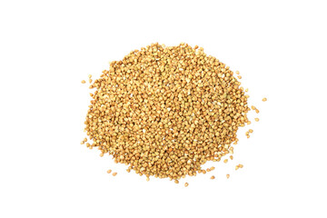 Green buckwheat isolated on a white background. Superfood. Raw buckwheat porridge. Healthy vegan food, eco products, diet, organic.