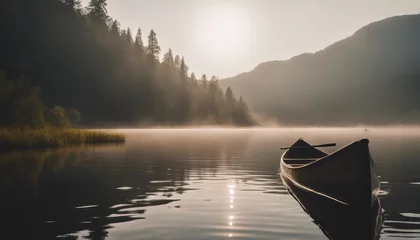 Badezimmer Foto Rückwand Bow of a canoe in the morning on a misty lake © Adi