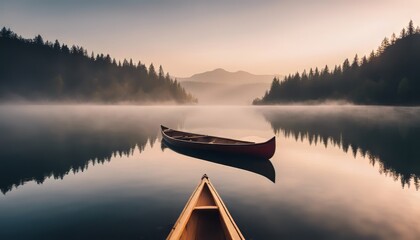 Bow of a canoe in the morning on a misty lake - obrazy, fototapety, plakaty