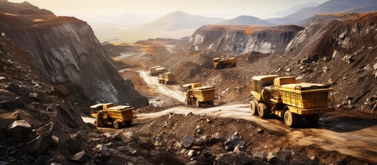 top view of mining trucks and excavators in gold mining pit - obrazy, fototapety, plakaty
