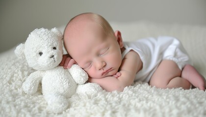Adorable sleeping newborn on white bed with cute plush toy   copy space for text