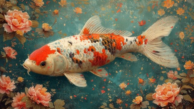 a painting of a koi fish in a pond of water with orange and white flowers on the bottom of it.