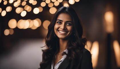 Fototapeta premium Candid portrait of a young woman smiling against a plain dark background. The young Indian lady