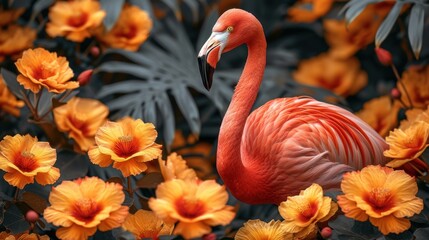 a pink flamingo standing in a field of orange and yellow flowers with palm leaves and flowers in the background.