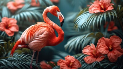a pink flamingo standing in the middle of a tropical scene with pink flowers and palm trees in the background.