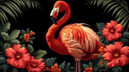 a painting of a flamingo surrounded by tropical plants and flowers on a black background with red and pink flowers.