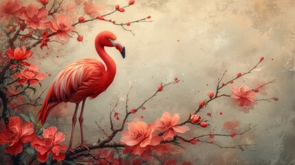 a painting of a pink flamingo standing on a branch of a tree with red flowers in front of it.