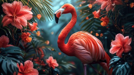 a painting of a pink flamingo in a tropical setting with flowers and palm leaves and a blue sky in the background.
