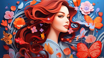Female illustration portrait with flowers. Creative background with stylish woman. Summer style.