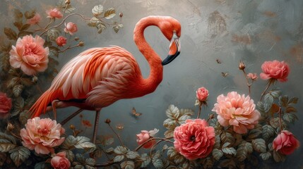a painting of a pink flamingo standing in a garden of flowers with its beak in it's mouth.