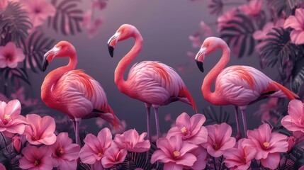 a group of pink flamingos standing next to each other on top of a lush green field of pink flowers.