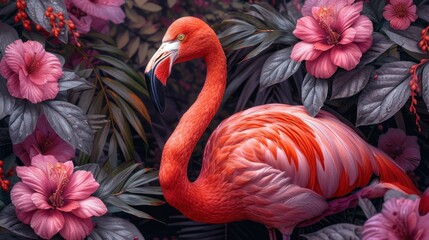 a painting of a flamingo surrounded by pink flowers and green leaves with pink and purple flowers in the background.