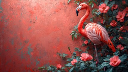 a painting of a pink flamingo standing in front of a red wall with pink flowers and green leaves on it.