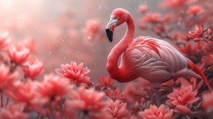a pink flamingo standing in the middle of a field of flowers with water droplets on it's wings.
